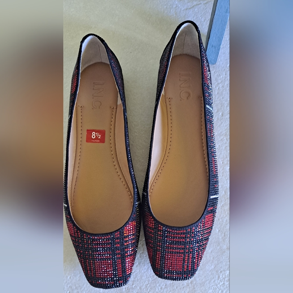 Women's Red and Black Plaid Flats